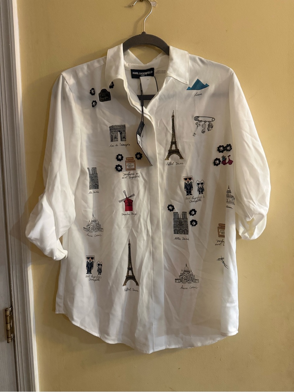 Karl Lagerfeld White women’s Button-Down Shirt with Whimsical Graphics, sz small